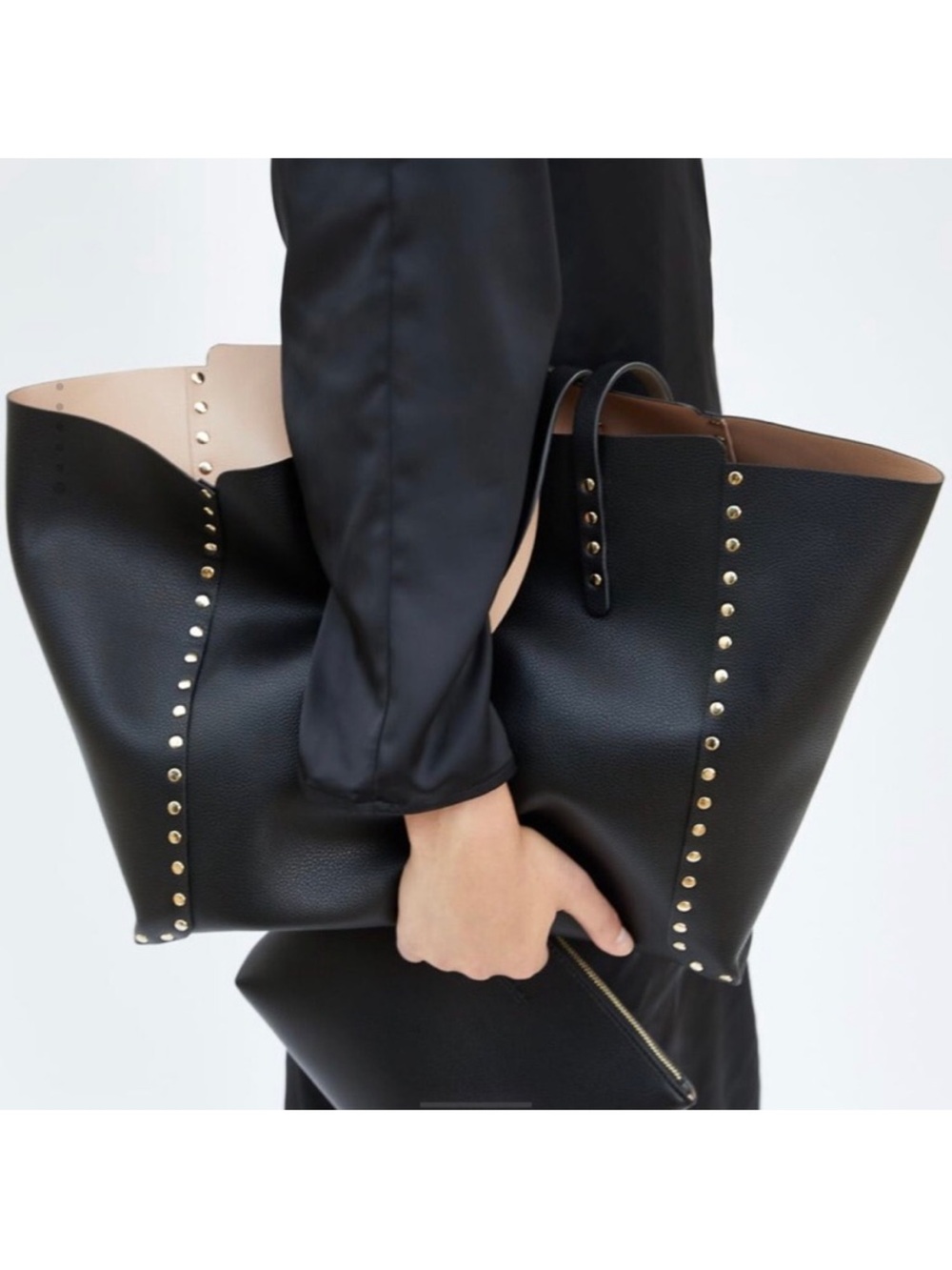 ZARA Black & Tan Studded Reversible Tote Bag - Picture 5 of 11